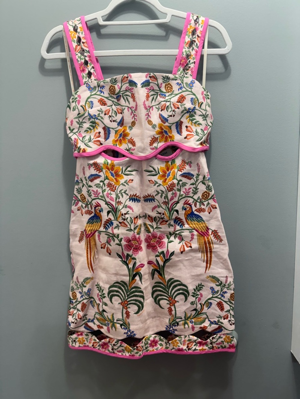 Embroidered Floral & Parrot Mini Dress with Hot Pink Trim